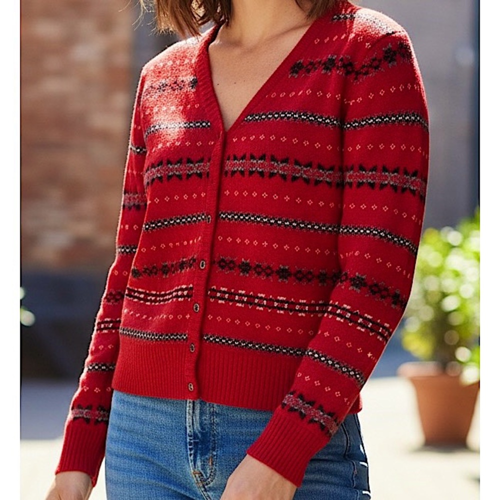 Field Gear FG Small Vintage Red Beaded Fair Isle Button Front Cardigan Sweater